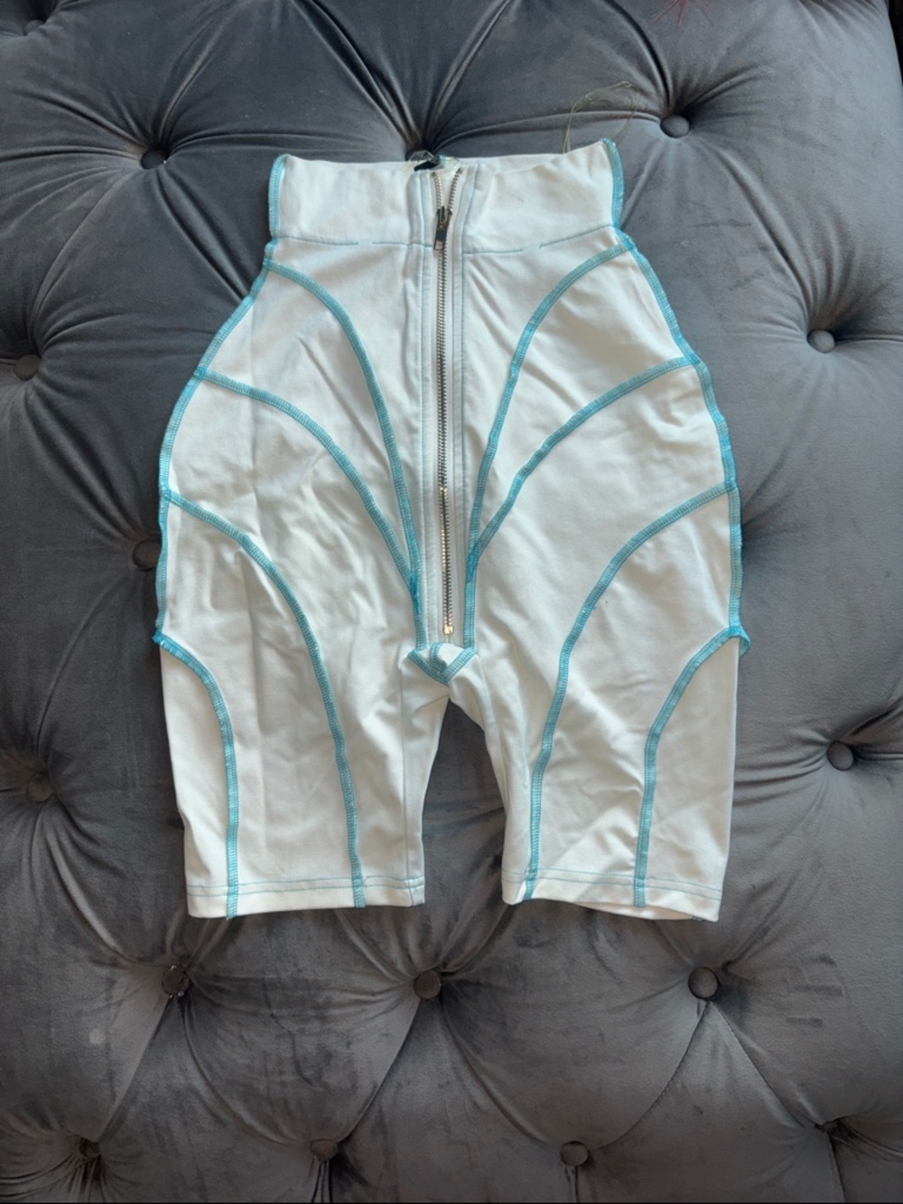 AKIRA White High-Waist Bike Shorts with Teal Contrast Stitching